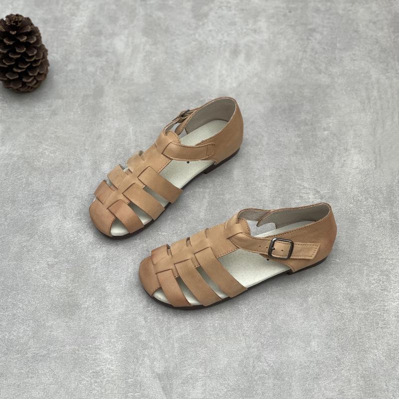Johnature Genuine Leather Roman Sandals Retro Casual Solid Color Cowhide Soft Sole Flat Women's Shoes