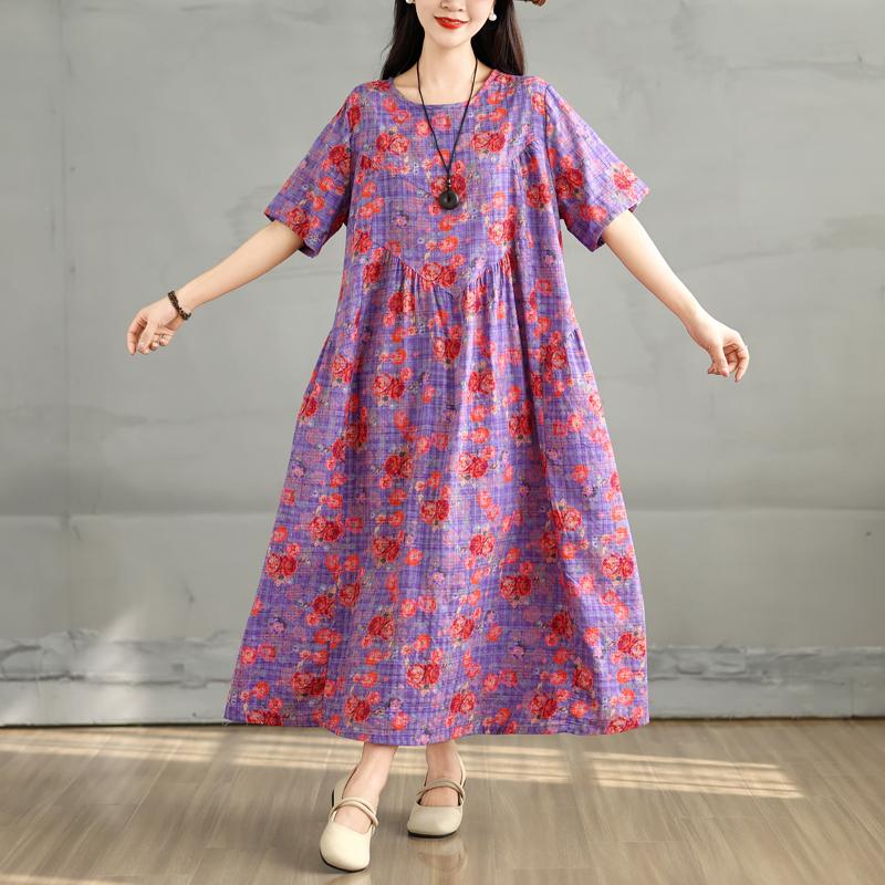 DIMANAF 2025 Plus Size Summer Dress Women Casual Vintage Long Dress Floral Printing Loose Shirt Dress Maxi