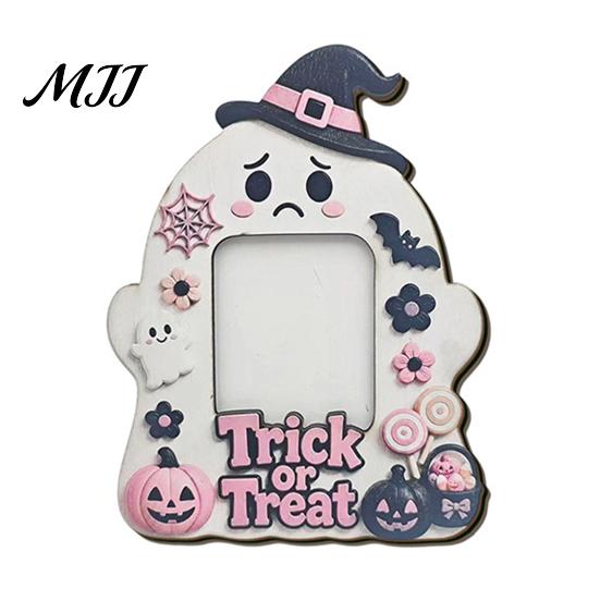 Party Mantel Decorations Halloween Wooden Photo Frame, Cute Ghost Pumpkin Picture Childlike Ornament Rustic Festive Holder for Holiday Table