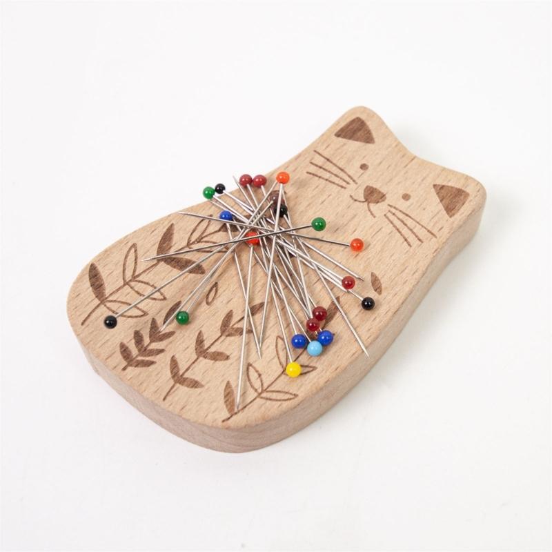 Magnetic Needle Pin Holder with 100Pcs Quilting Positioning Pin Wood Pin Cushion with 38mm Dressmaking Pin for Sewing