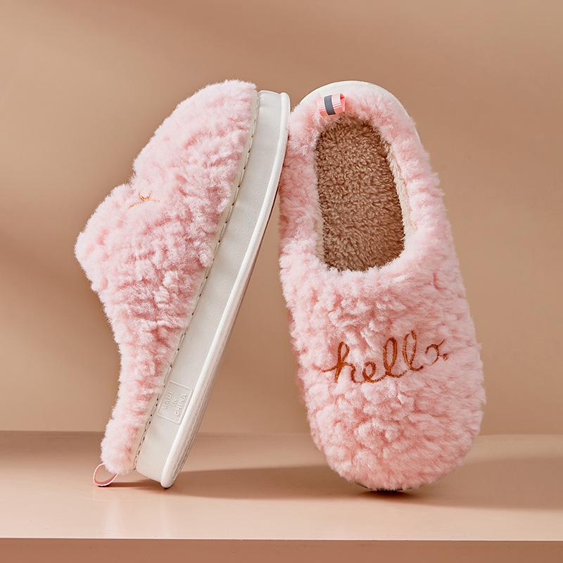 Hello embroidered plush cotton slippers indoor thickened warm cotton mop non-slip home slippers winter