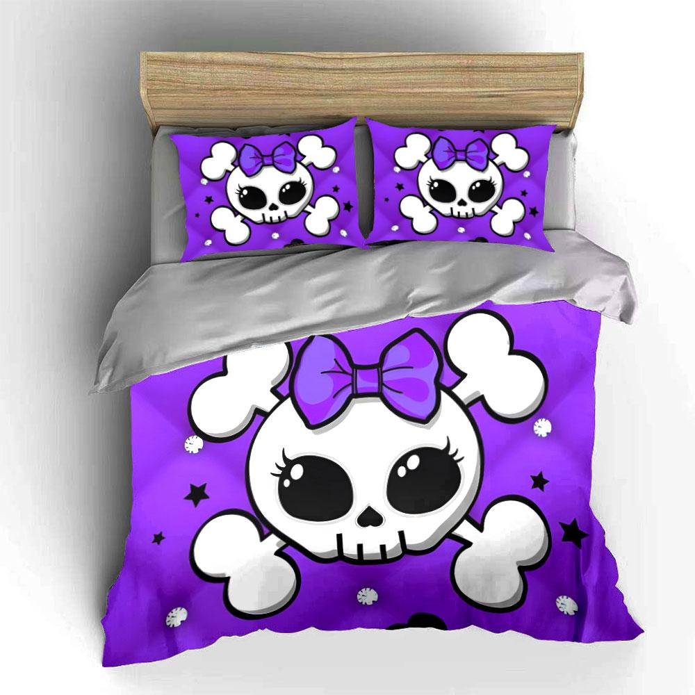 3Pc Cute Bow Crossbone Skull Duvet Cover Set,Purple Glitter Kawaii Bedding with 1 Duvet Cover 2 Pillowcases Single Double,Gift