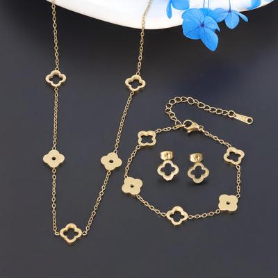 3PCS18K Gold Fashionable Simple Hollow Lucky Clover Gold Women's Necklace Bracelet Earring Set Factory