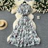 French Vintage Print Lapel Dress Women's Short Sleeve Floral Print High Waist Belt Office Lady Maxi Clothing Female