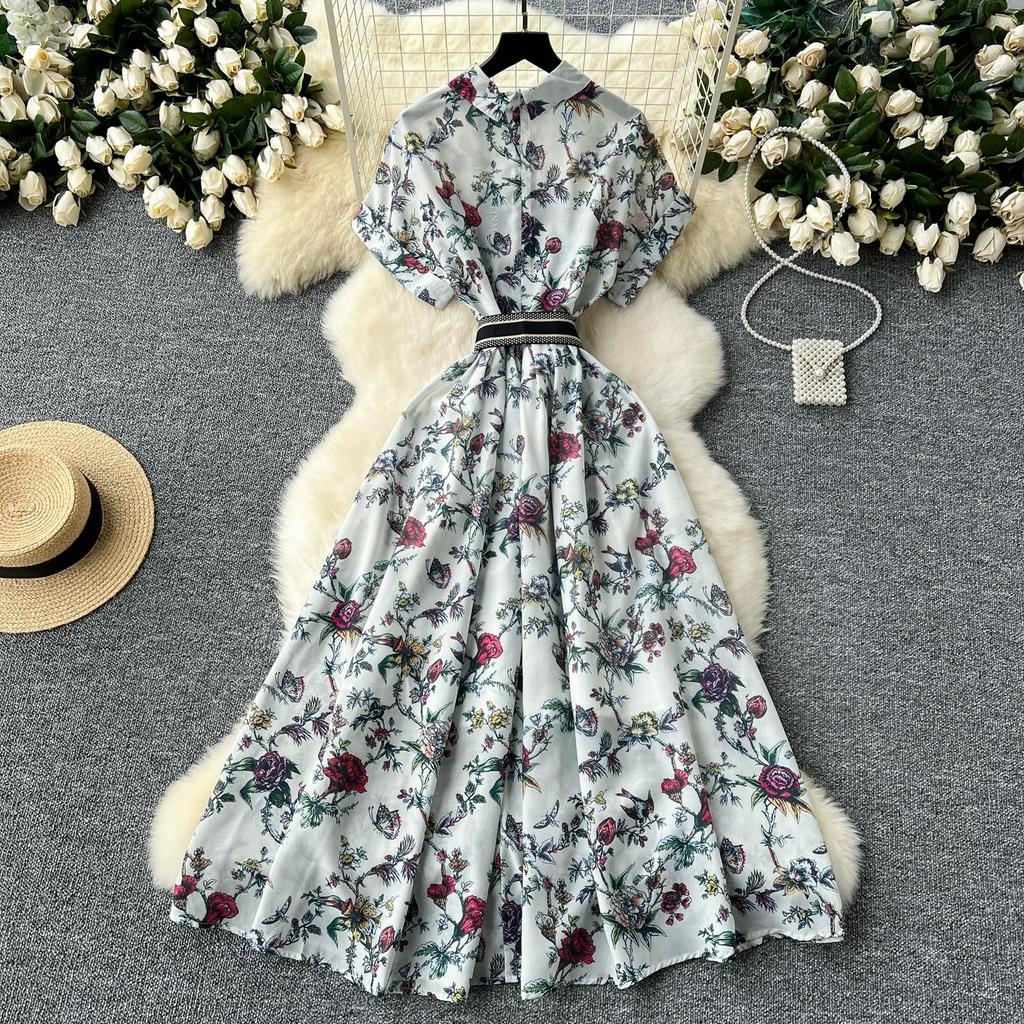 French Vintage Print Lapel Dress Women's Short Sleeve Floral Print High Waist Belt Office Lady Maxi Clothing Female