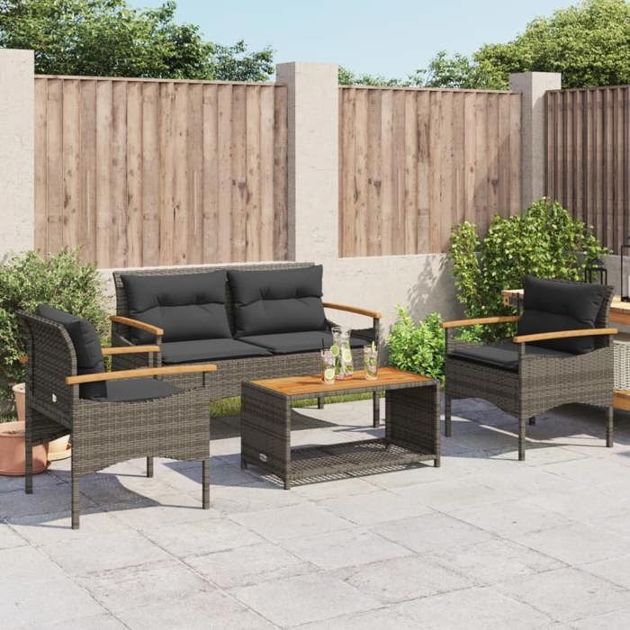 VidaXL Garden Lounge Set 4 Pcs with Grey Cushions Wicker, Outdoor Sofa Set, Garden Furniture Set, Set 368399