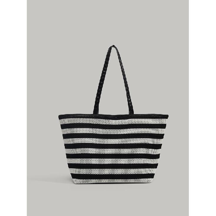 Elegant black and white striped tote bag for women, woven large-capacity shoulder bag, underarm commuter bag, lightweight shopping bag Black and White