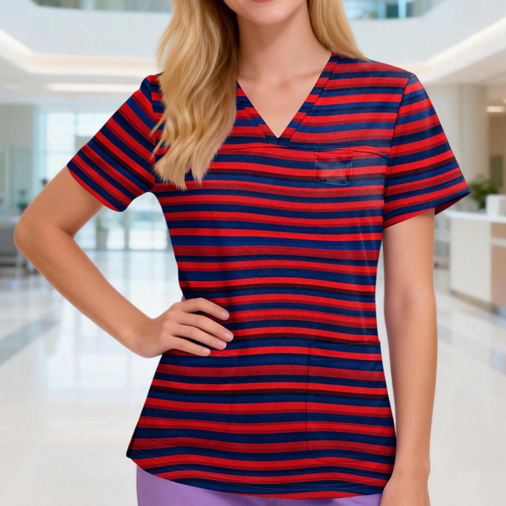 Women's V-neck Three-pocket Short-sleeved Striped Printed  Uniform/caregiver Top With Slits At The Hem