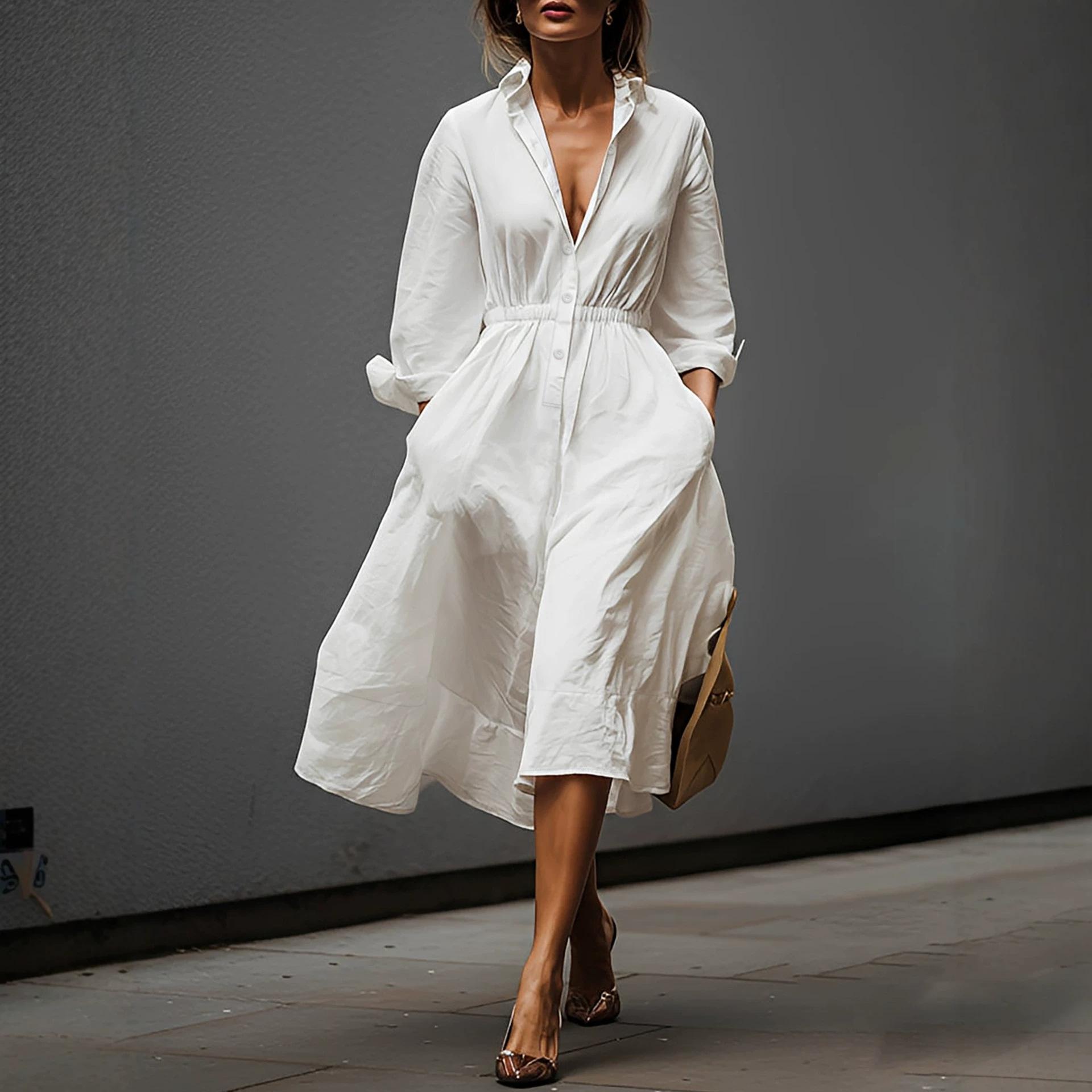 French Casual Elegant Shirt Long Dress Summer Lapel Waist Pleated Pocket Design Commuter Temperament Dress S