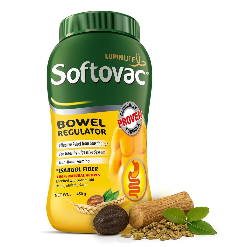 Softovac Isabgol Bowel Regulator Powder 450g – Gentle Stool Softener, Psyllium Husk Fiber, Relieves Bloating, Supports Digestive, Non-Habit Forming