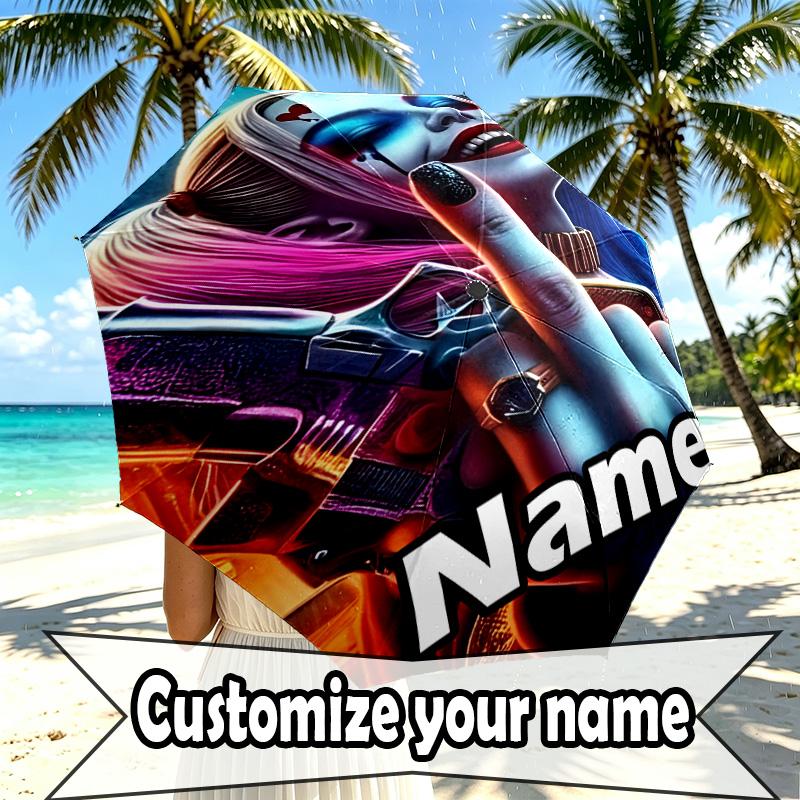 Custom Name Personalized Harley Quinn Joker Print Umbrella, Auto Open Close, 8‑Rib Sturdy Frame, Commute Camping Hiking Use, Birthday Gift