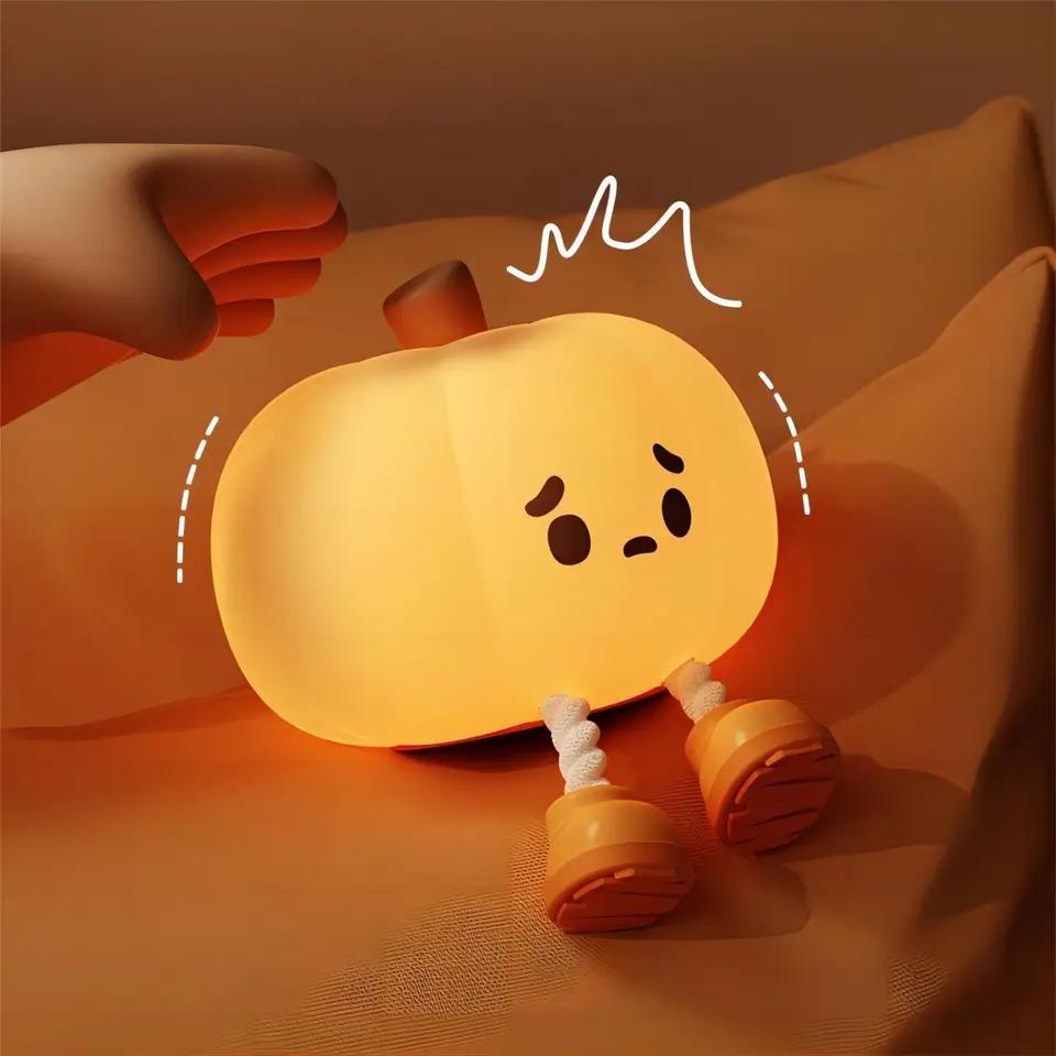 Sad Face Pumpkin Night Lights Cute Soft Silicone Safe Lamp Decorations Timing Dimmable Bedside Decor Kids Baby Halloween Gifts Holiday