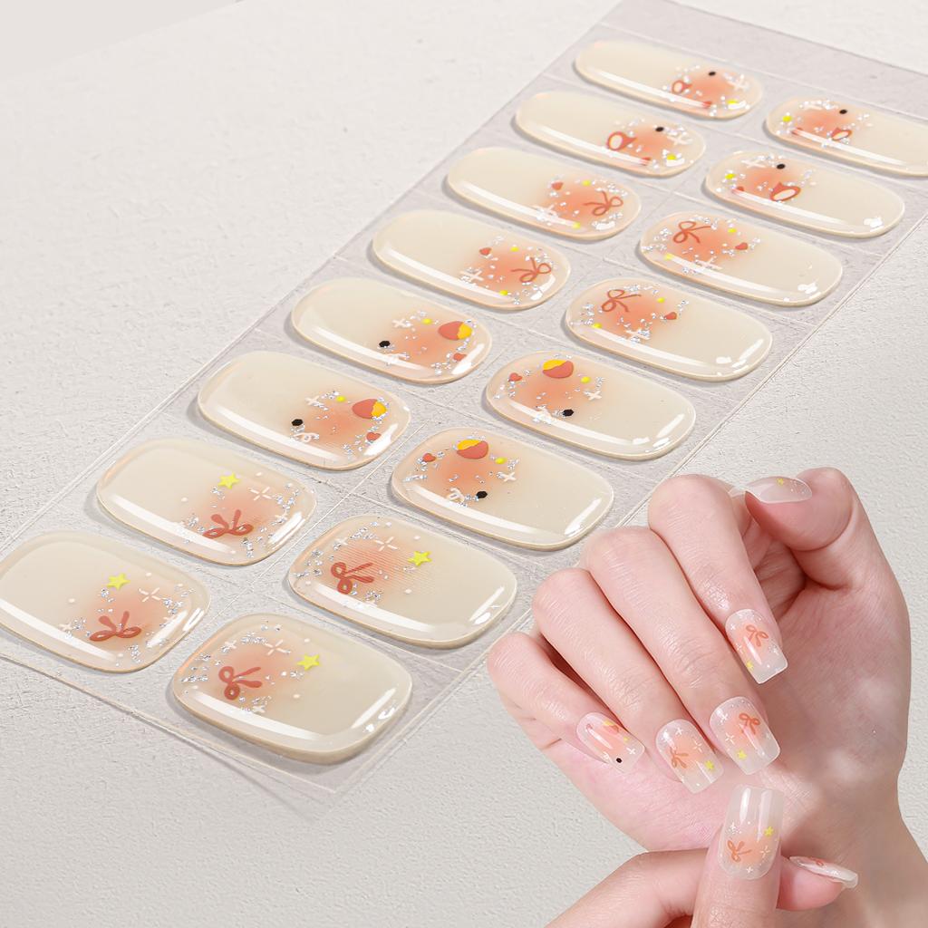 16tips Cartoon Cute Animal Semi Cured Gel Nail Strips Glitter Cat Eye Self-Adhesive Gel Nail Wraps Full Cover UV Nail Sticker