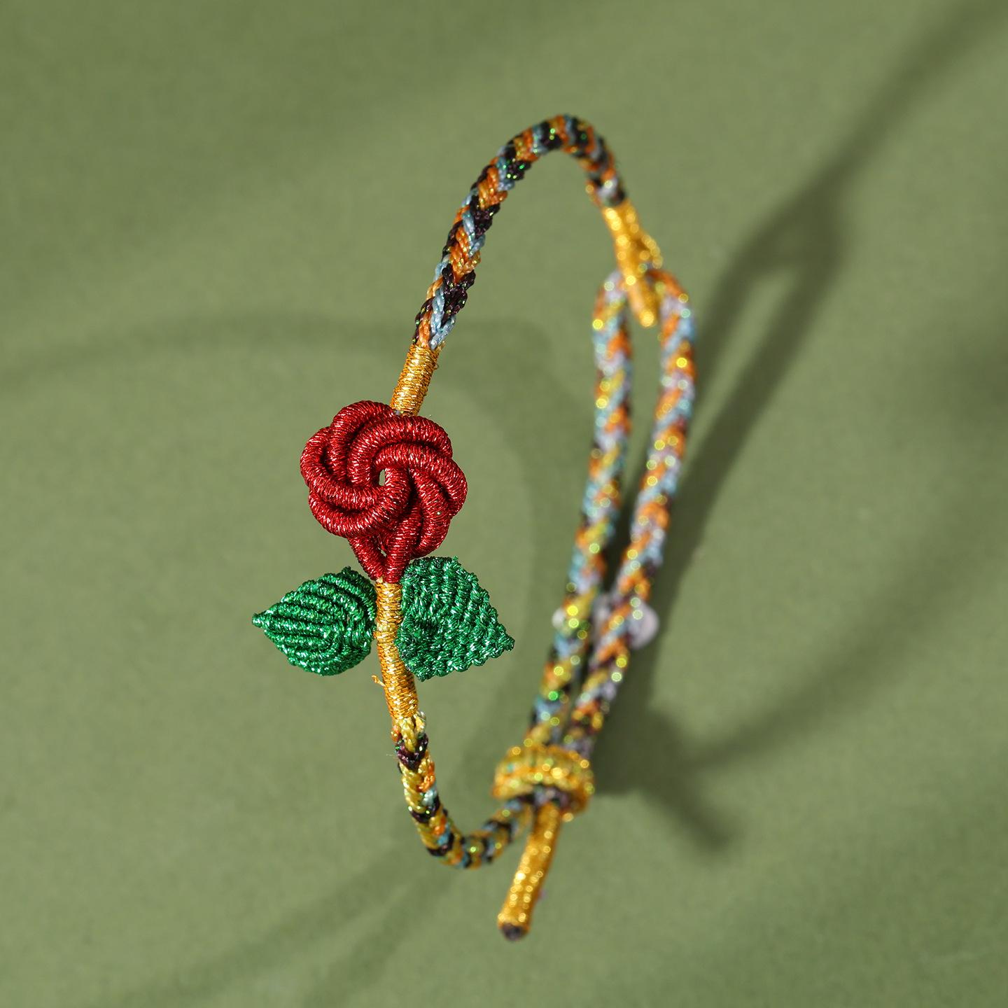 Rose Flower Ethnic Style Handmade Red Rope Bracelet for Women - Friendship Gift