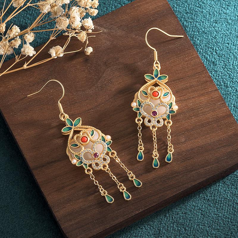 2022 Ethnic Court-Style Enamel & Imitation Hetian Jade Tassel Earrings