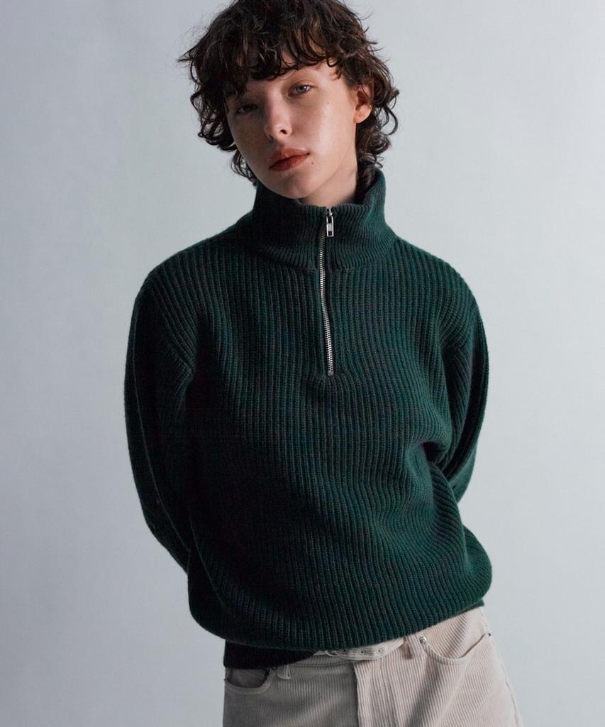 MOONSUN Essential_Unisex Mss Argyle Hole Half Zip Up Knit [Dark Green]