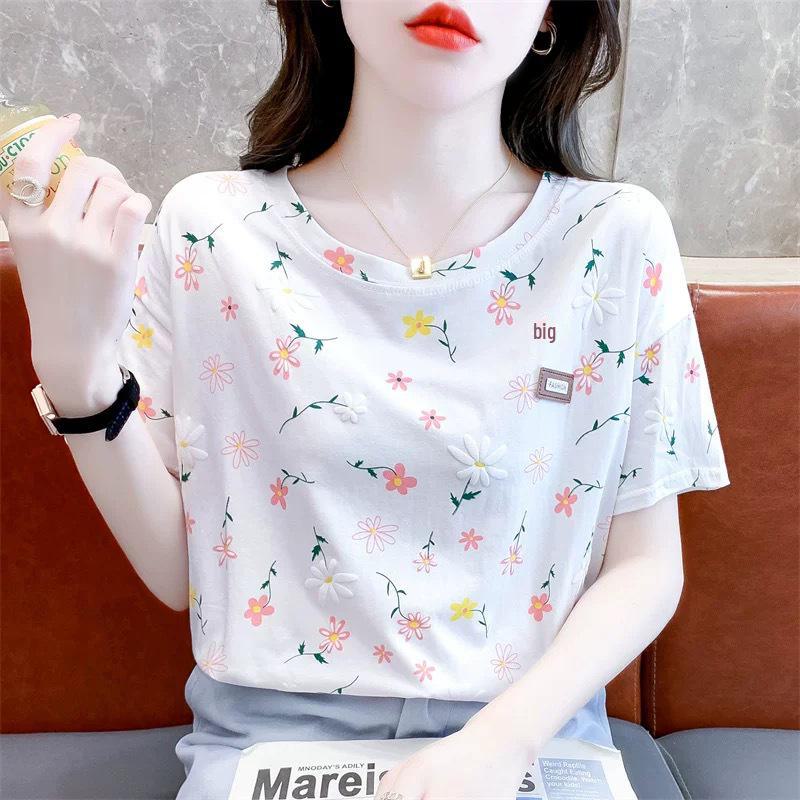 

Женские свободные летние футболки с цветочным принтом — свежий дизайн, топы с короткими рукавами больших размеров XL [recommended 65-72.5 kg] белый