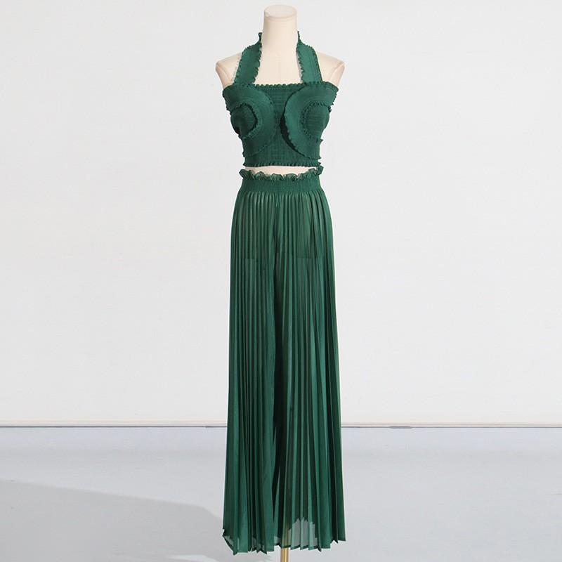 Fashionable Sexy Pleated Suit Women's Neck Ruffled Top With High-waisted Wide-leg Pants