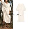 Summer New Product Women's Clothes Minimalist Round Neck Puff Sleeves Linen Blended Long Shirt Dress 2731102