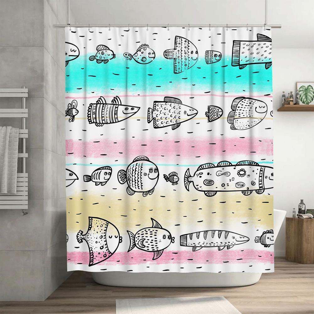Hand-Drawn Fish Shower Curtain With Cartoon Style Blue, Pink Yellow Colors 180X180Cm For Bathroom Decoration