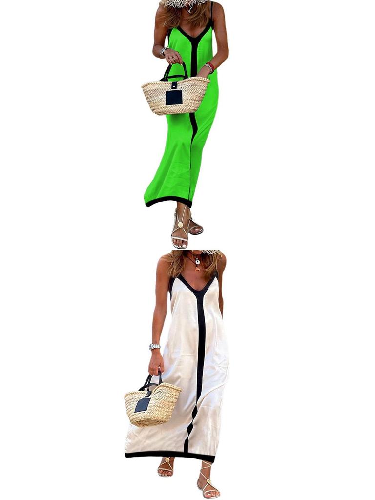 2026 Women's Vacation A-Line Dress with Adjustable Straps and Color Block Design