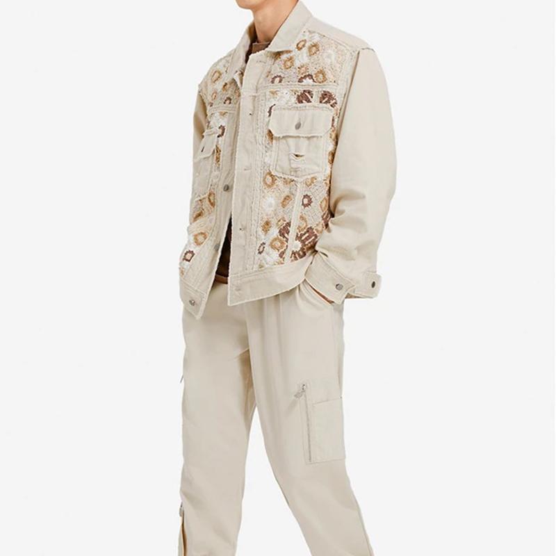 Li Ning Urban Nomad Floral Double Pocket Single Breasted Denim Jacket Men Jacket Oatmeal-Gray AFDSB53-2