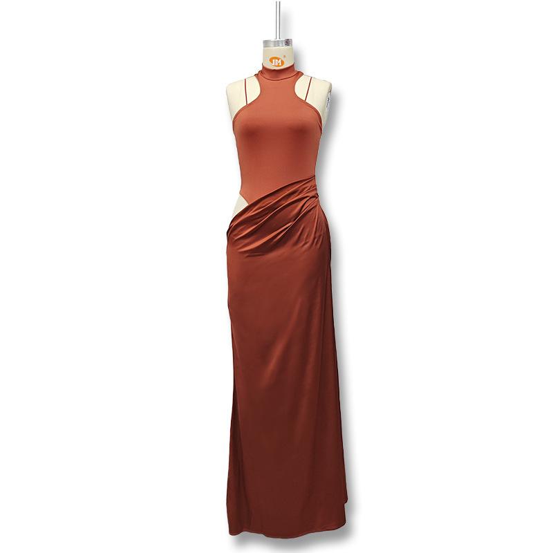 

European and American new women s clothing round neck sleeveless slim-fitting splicing long dress fashionable hollow dress XS