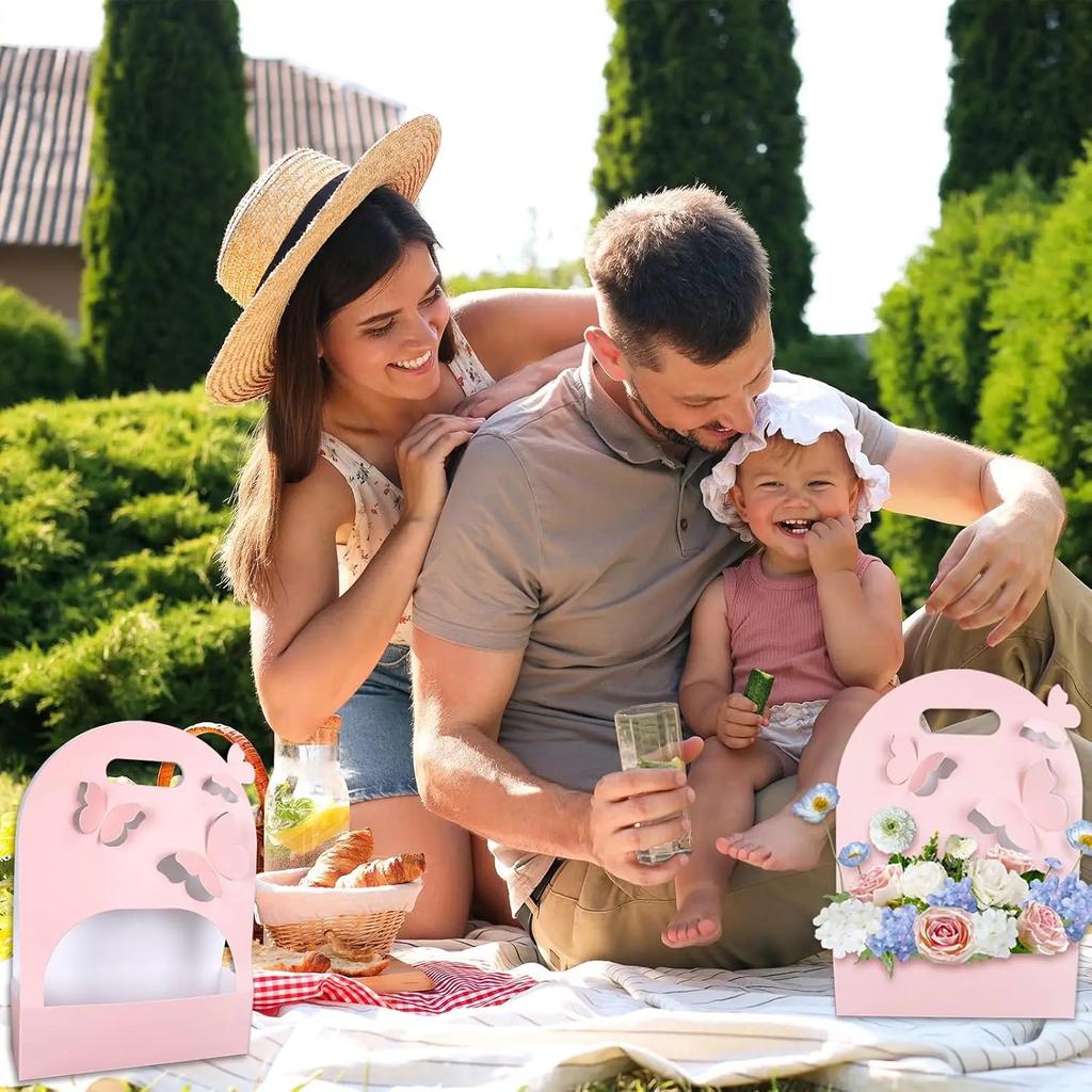 Portable Wedding Favour Boxes 3d Butterfly Carrier Bag Pink Floral Arrangement Gift Paper Package Flower Bouquet Bags