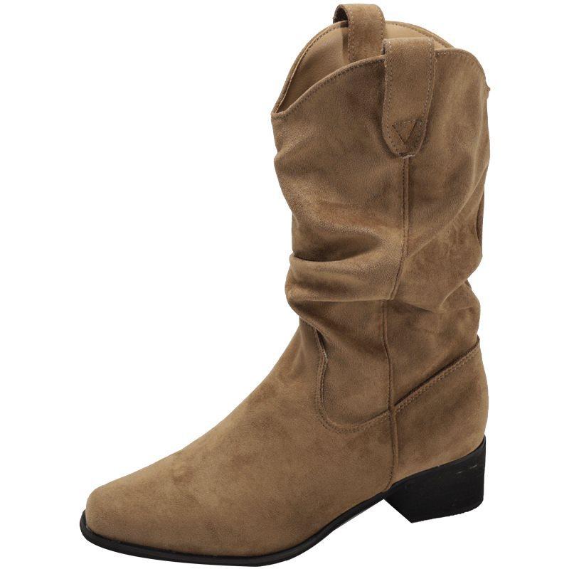 Pile Women's Pointed Boots Khaki Medium Tube Autumn and Winter Thick Heel Boots 2025 Knight Boots Women's Thin New Short Boots