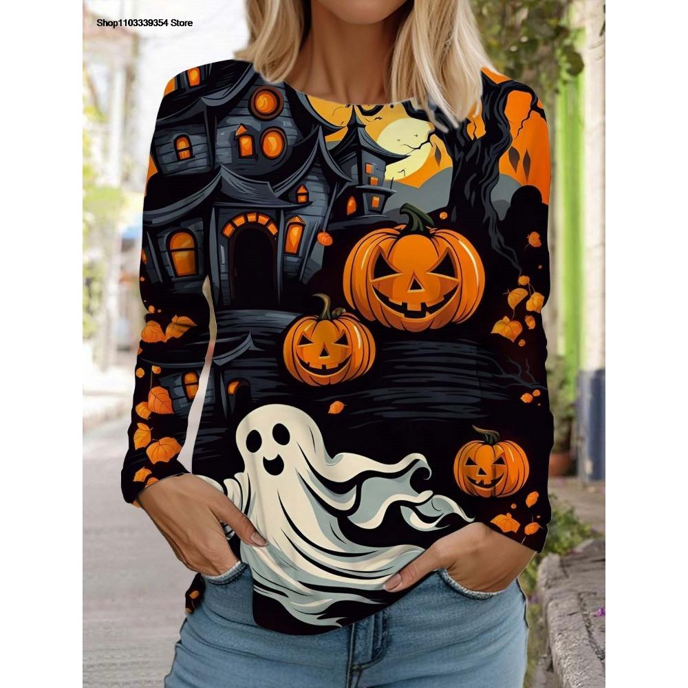 Halloween Women's Long Sleeved T-shirt Pumpkin 3D Printed Autumn Long Sleeve T-Shirt Autumn Casual Tops For Women Clothing Tops