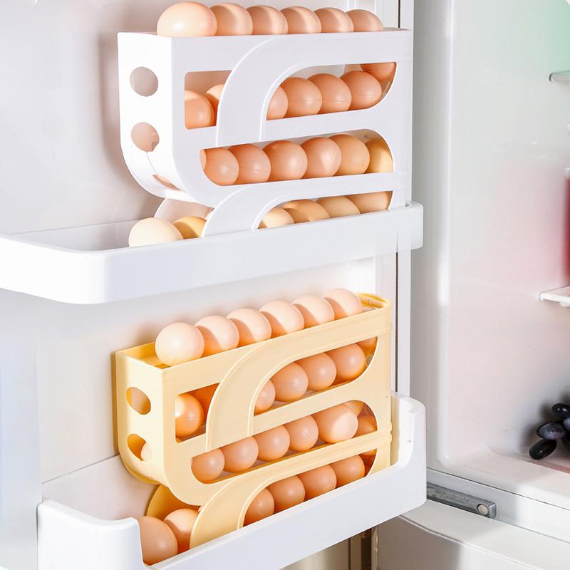 Použijte automatický rolovací úložný box na vejce, kuchyňský chladničkový stojan na uchovávání vajec na boční dveře, 30 kusů k balení krabic na vejce