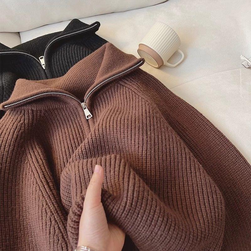 Knitted autumn and winter new age-reducing design zipper loose and thin lapel lazy sweater top women