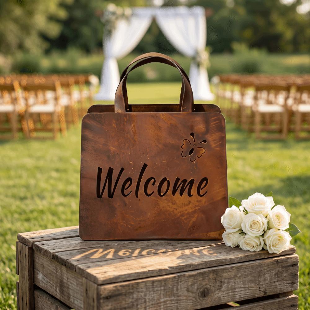 Rustic Wedding Signage Handbag Shaped Metal Hanging Planter Welcome Sign Farmhouse Decor