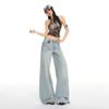 Spring Summer Light Blue Cat Whisker Washed Cotton Straight Leg Gardener Style Comfy Denim Long Pants Women Casual Pants Oversize Denim Trousers