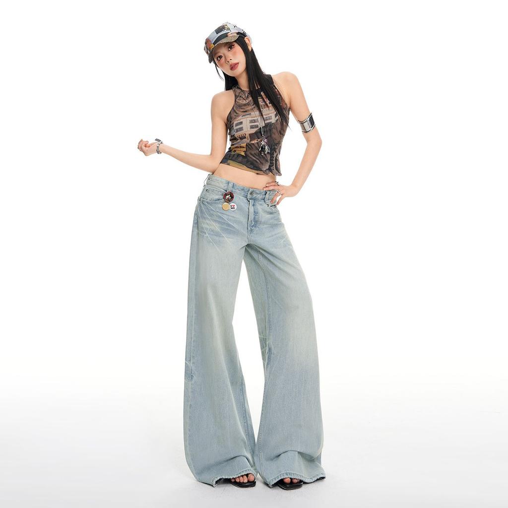 Spring Summer Light Blue Cat Whisker Washed Cotton Straight Leg Gardener Style Comfy Denim Long Pants Women Casual Pants Oversize Denim Trousers