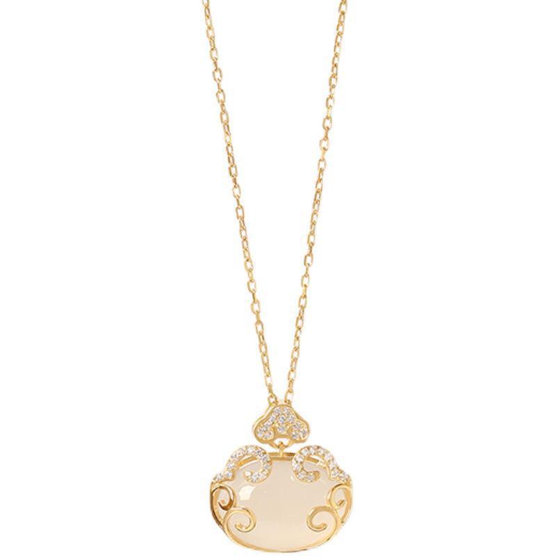 Ruyi Ping An Auspicious Clouds Chalcedony Necklace - Retro Chinese Longevity Pendant with High-End Luxury Feel.