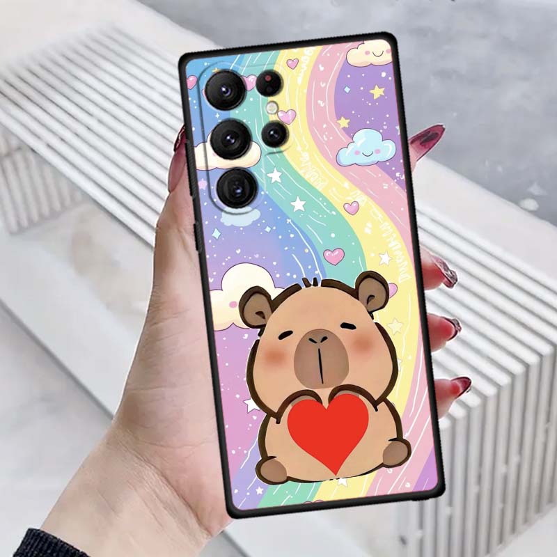 Cartoon Anime Capibala Art Phone Case For Samsung Galaxy S26 S25 S24 S23 S22 S21 S20 Ultra Plus FE 5G Black Soft TPU