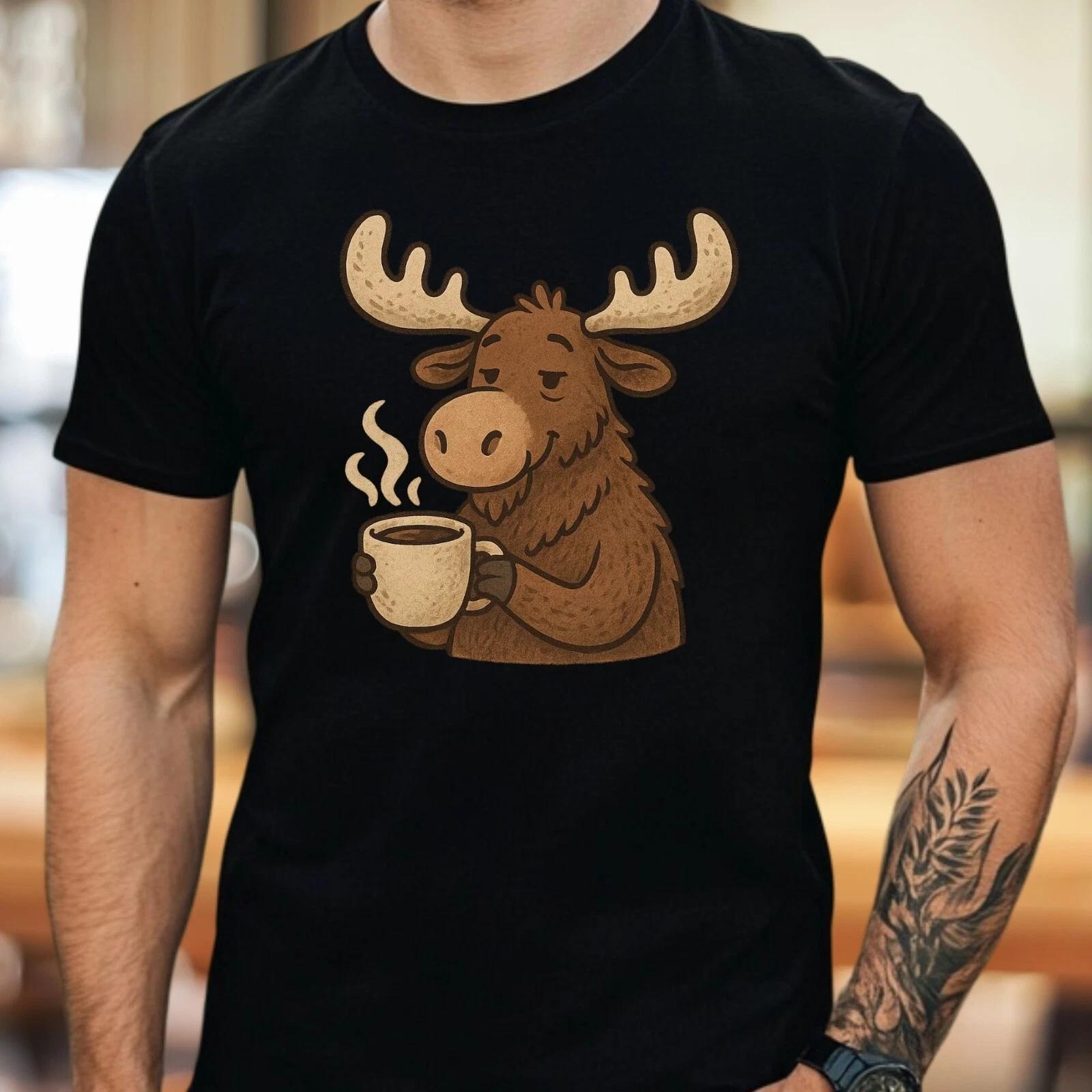 T-Shirt Herren Elch trinkt Kaffee Motiv Baumwolle Größe S bis 5XL XXXXL