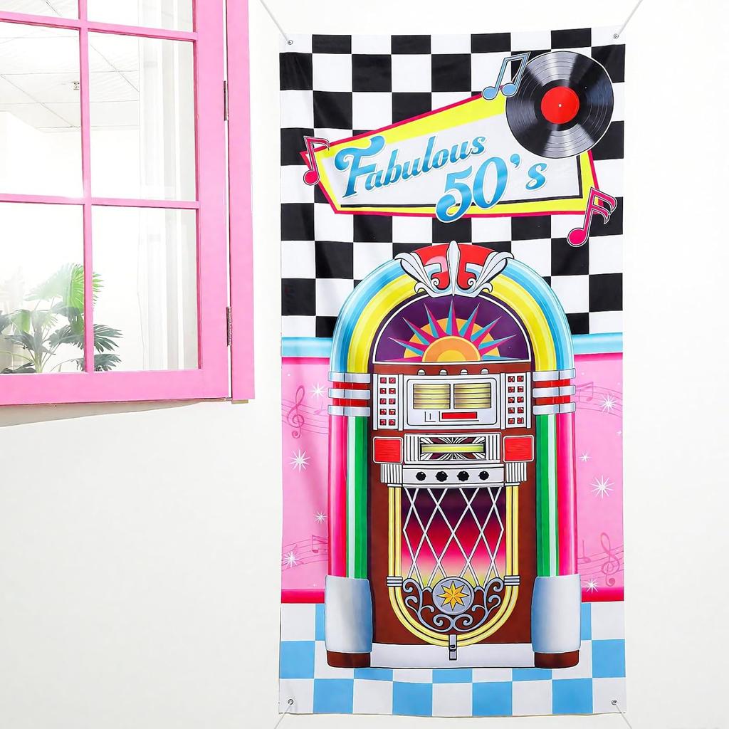 VitalCozy 71 x 35 Inch 1950s Party Decorations Retro 50s Fabric Door Cover 50's Rock and Roll Party Door Cover 50's Rocking Music Theme Backdrops