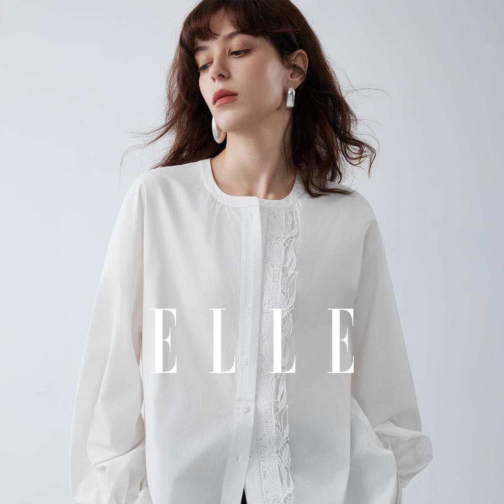 [ELLE] Women's Blouse, 100% Cotton, Lace Placket, Raglan Sleeves, Pleated Sleeves, White, Long Sleeves, Elegant, Stylish, Sizes S, M, L