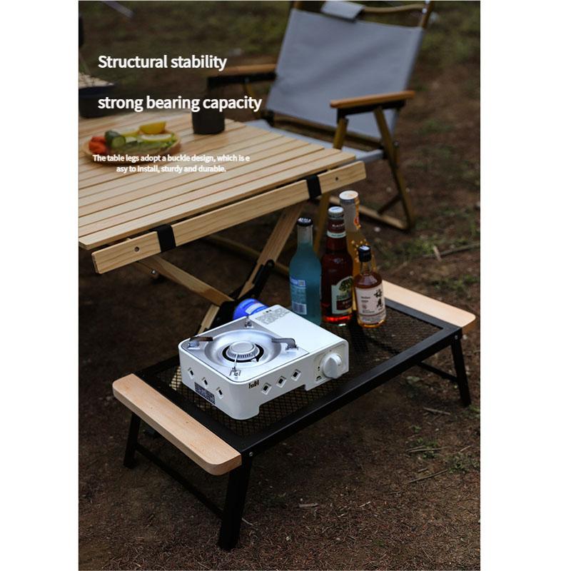 Portable Folding Camping Table with Solid Wood Top and Iron Mesh Surface Heat Resistant Outdoor Picnic Desk Lightweight for Backyard Beach