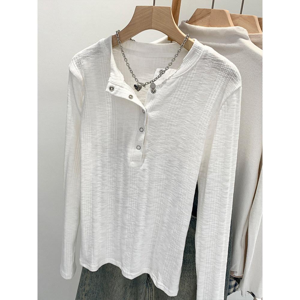 T-shirt rayé à boutons-pression à manches longues pour femme, léger et professionnel, couche de base amincissante pour l'automne/l'hiver/le printemps.