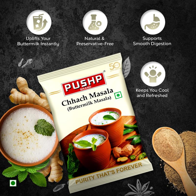 Pushp Brand Chhach Masala 150g Miscela Premium di Spezie Indiane Per Lassi Autentico al Latticello e Bevande Rinfrescanti Estive