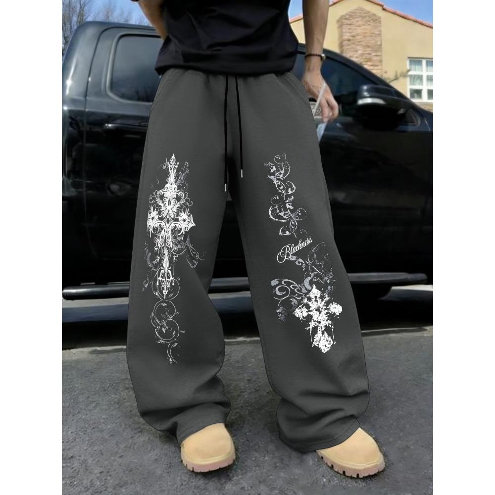 

Men s Casual Straight Leg Polyester Material Loose Wide Leg Pants, Retro Printed Pants with Hip-hop Style S