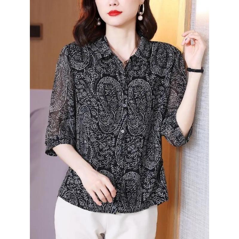 Chiffon Short Wide Lady Summer Dress New National Style Retro Three-quarter Sleeve Mom Style Floral Shirt Top