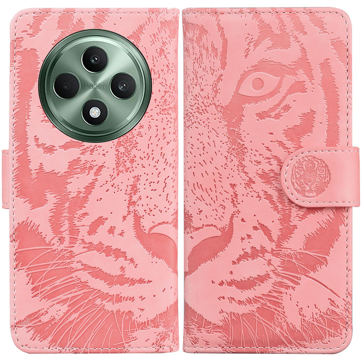 

For Oppo Reno12 F 5G Wallet Case Tiger Imprint Leather Folio Flip Phone Cover Pink