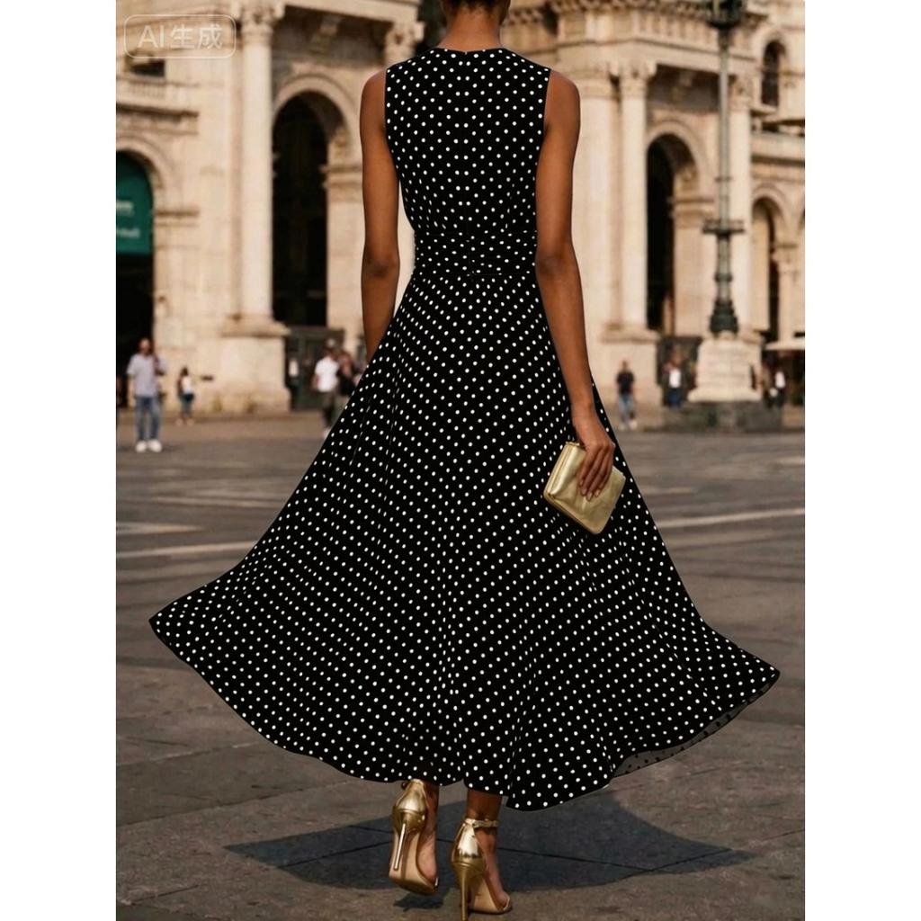 2026 Elegant Polka Dot Sleeveless Maxi Dress for Women, Waist Cinch Flowy A-Line Dress, Summer Casual & Party Wear