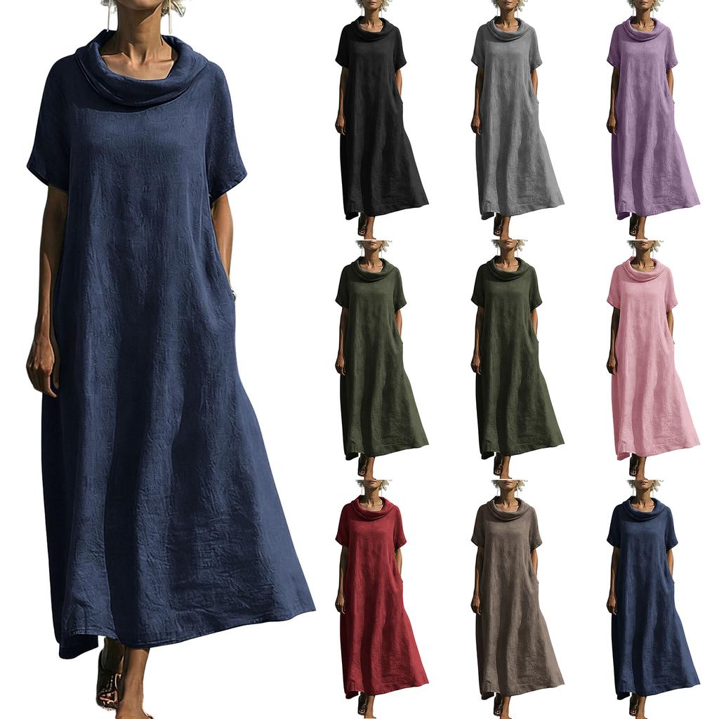 Women's Loose Fit Cowl Neck Maxi Dress Short Sleeve Solid Patterned Casual Linen Floor Length Gown