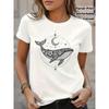 Boho White Whale & Moon Floral Print T-Shirt - 100% Short Sleeve Round Neck Top, Casual Beachwear for All-Season Comfortable Everyday Blouse