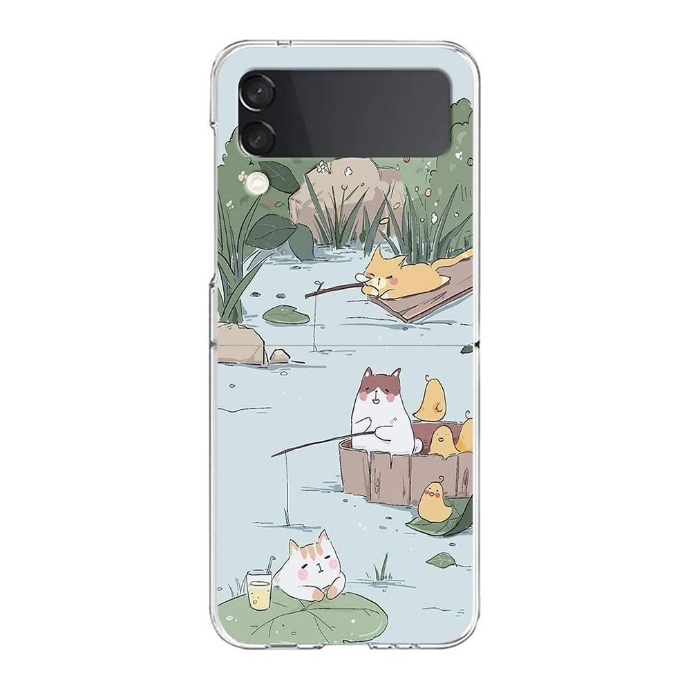Transparent Phone Case For Samsung Galaxy Z Flip 3 4 5 6 7 Hard Folding PC Z Flip3 Flip4 Cover Protector Cat Fishing